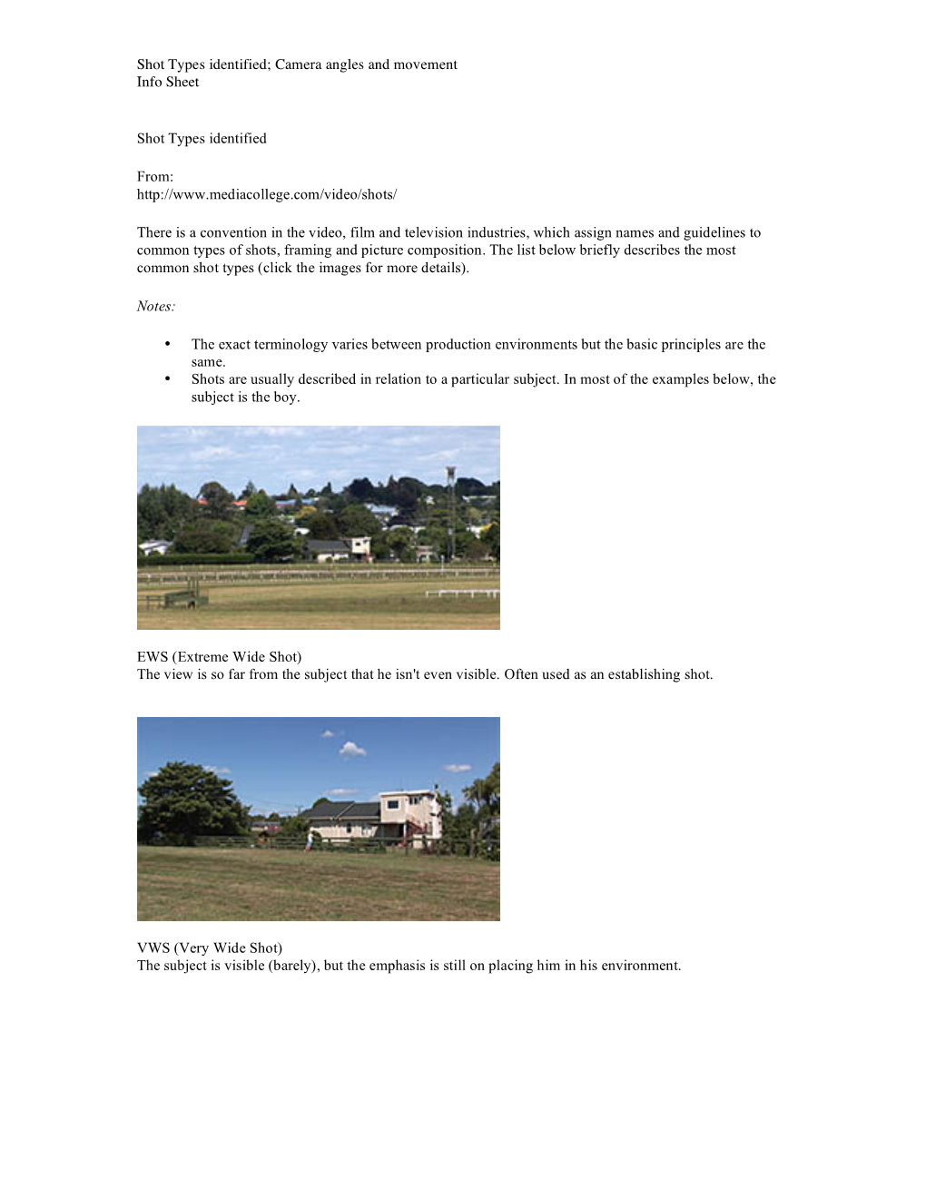 Shot Types Identified; Camera Angles and Movement Info Sheet