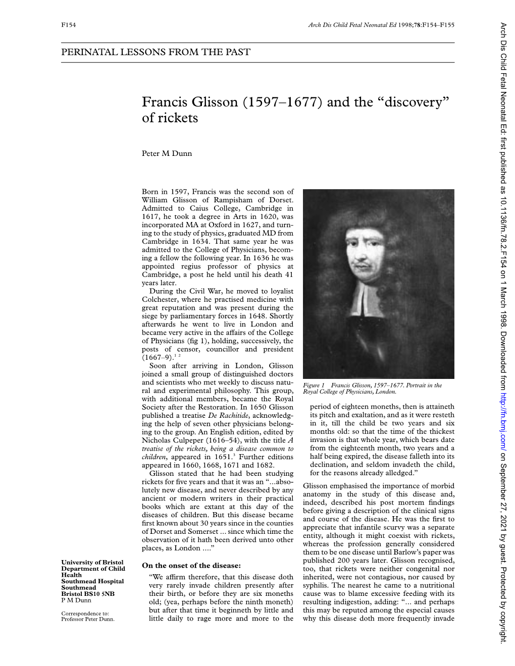 Francis Glisson (1597–1677) and the “Discovery” of Rickets