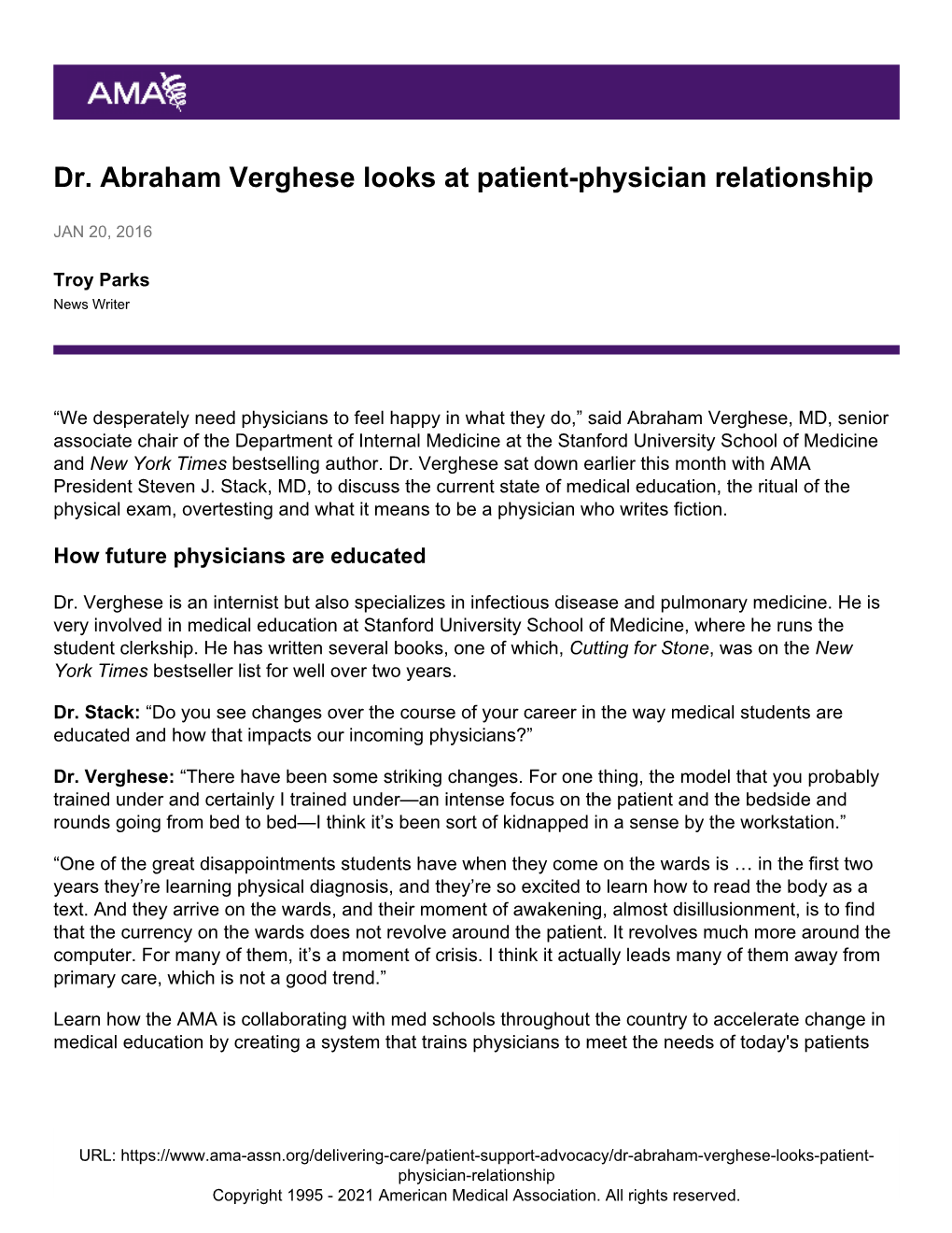 Dr. Abraham Verghese Looks at Patient-Physician Relationship