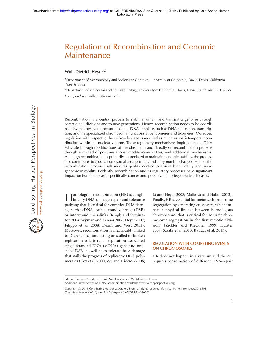 Regulation of Recombination and Genomic Maintenance 2015