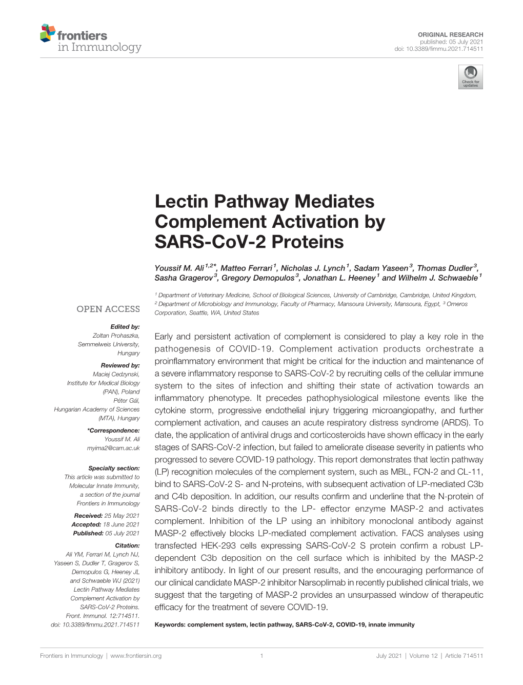Lectin Pathway Mediates Complement Activation by SARS-Cov-2 Proteins