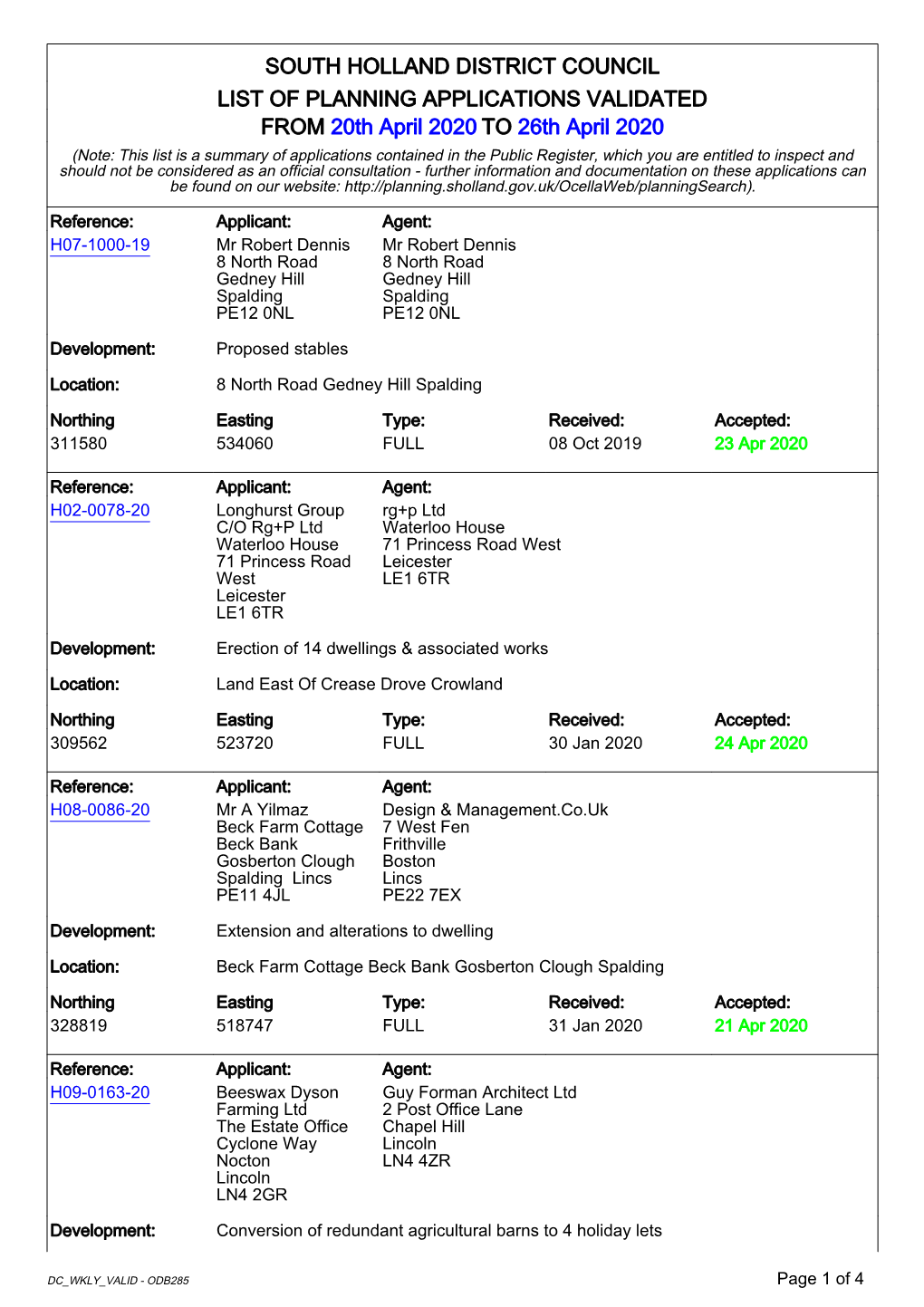 South Holland District Council List of Planning