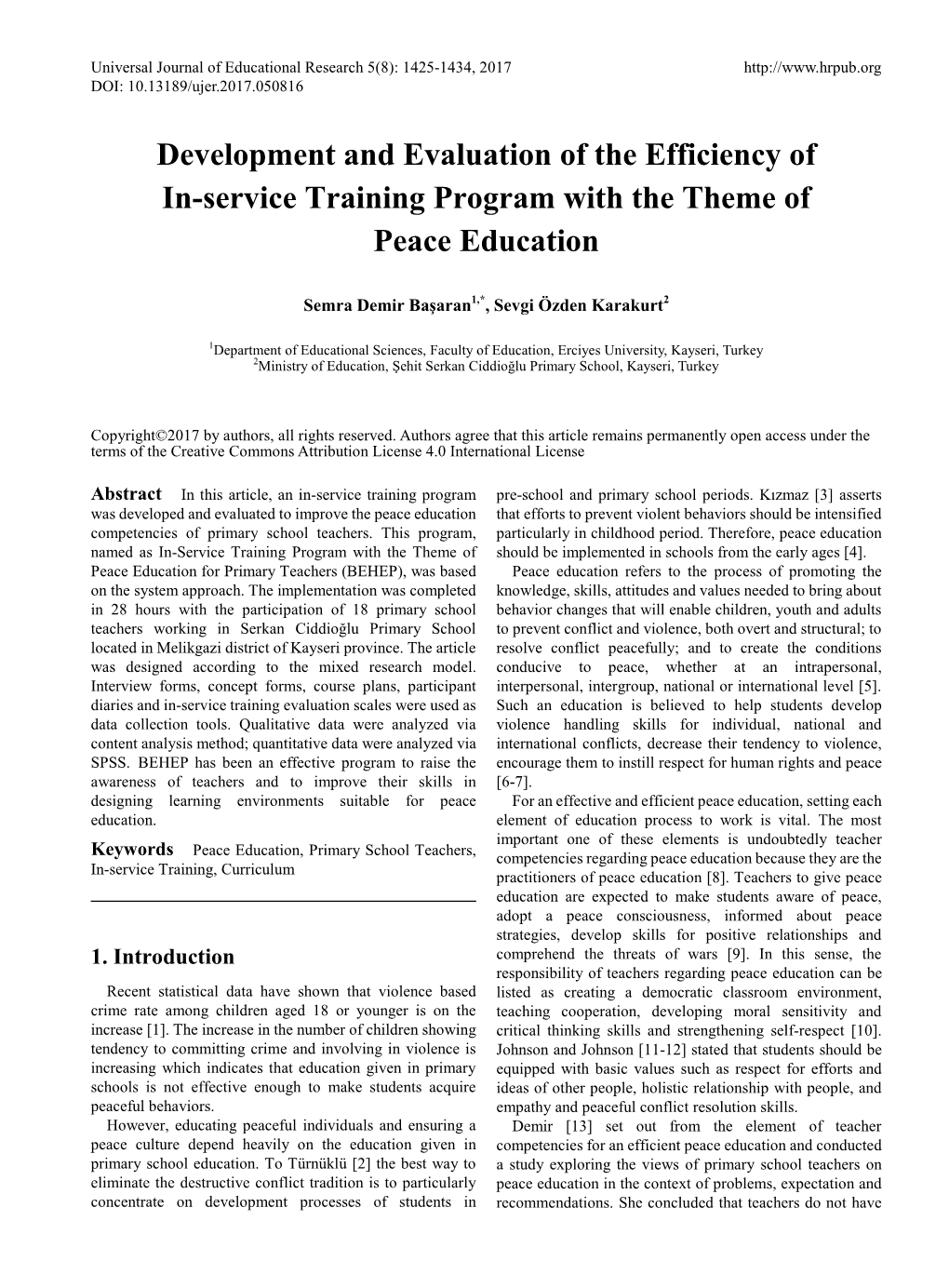 Development and Evaluation of the Efficiency of In-Service Training Program with the Theme of Peace Education