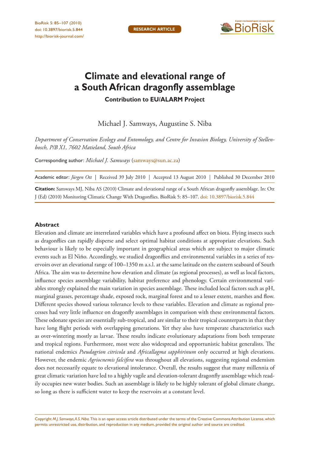 Climate and Elevational Range of a South African Dragonfly Assemblage Contribution to EU/ALARM Project