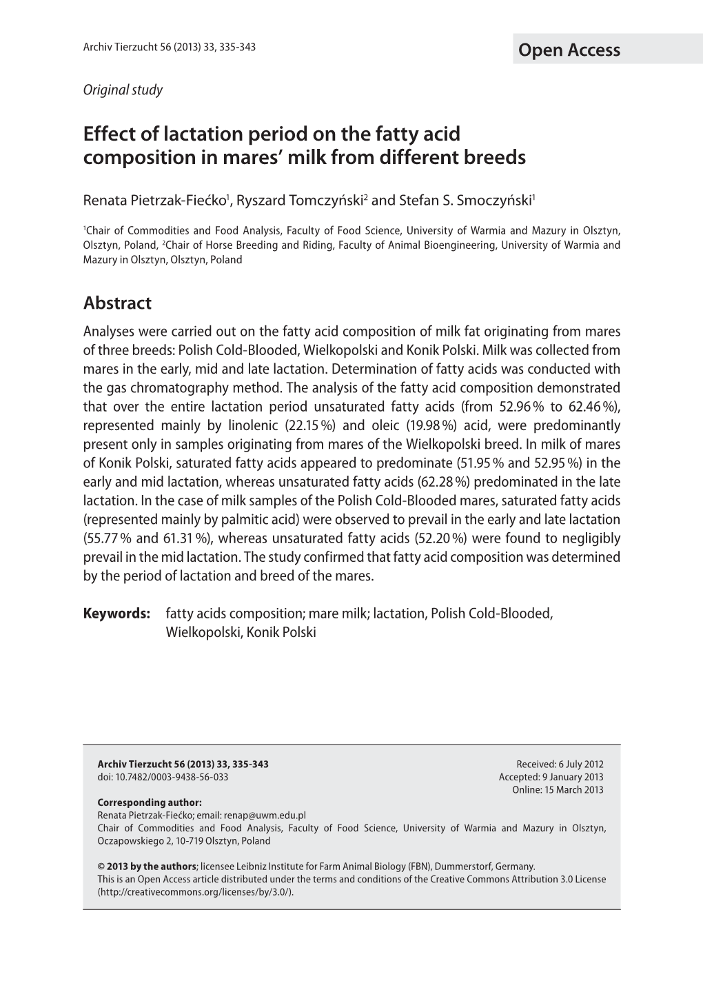 Effect of Lactation Period on the Fatty Acid Composition in Mares' Milk