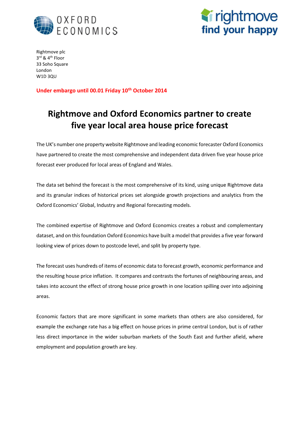 Rightmove and Oxford Economics Partner to Create Five Year Local Area House Price Forecast