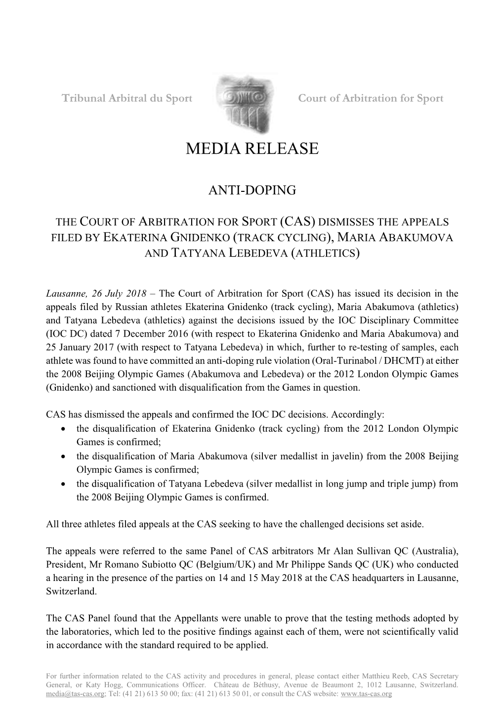 CAS Dismisses the Appeals Filed by Ekaterina Gnidenko, Maria