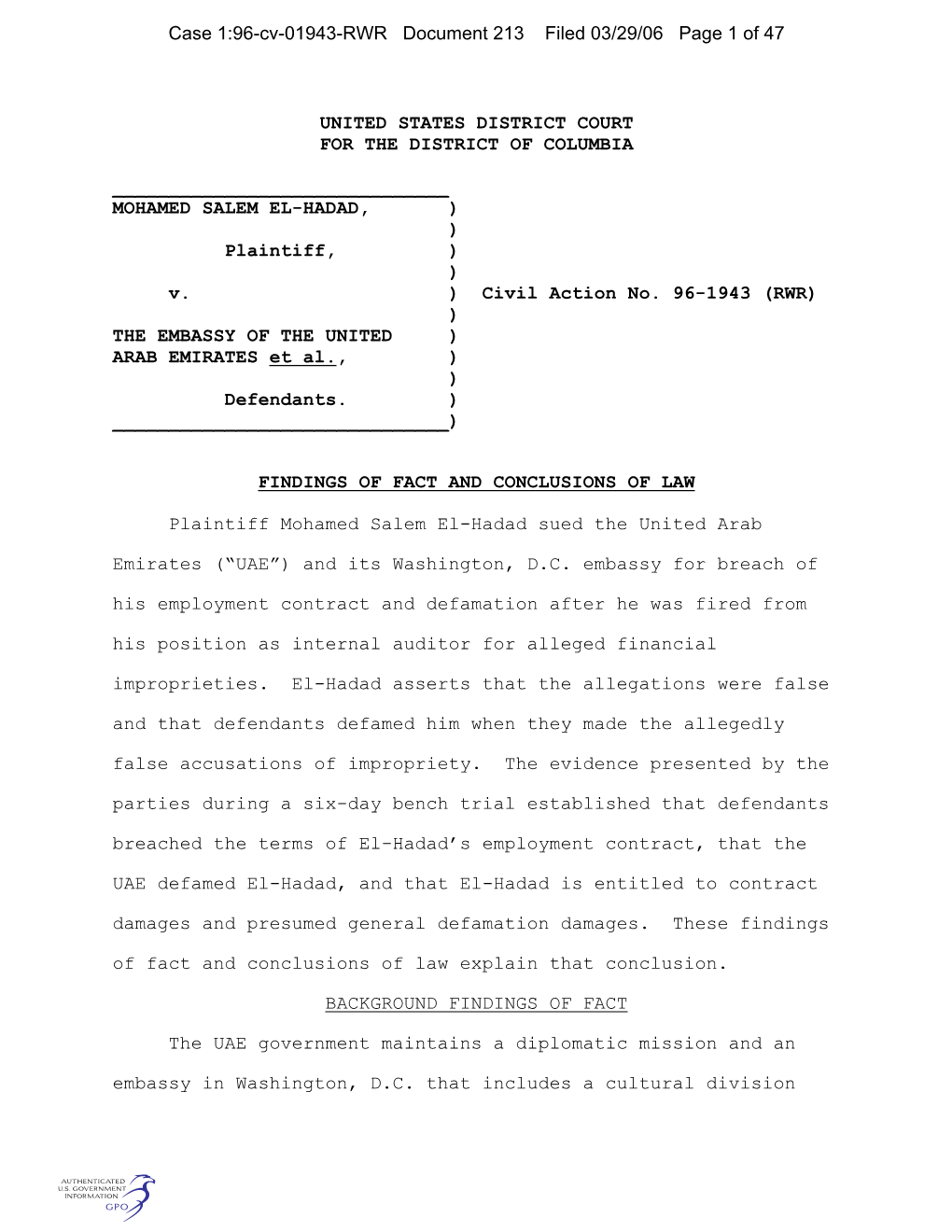 Case 1:96-Cv-01943-RWR Document 213 Filed 03/29/06 Page 1 of 47