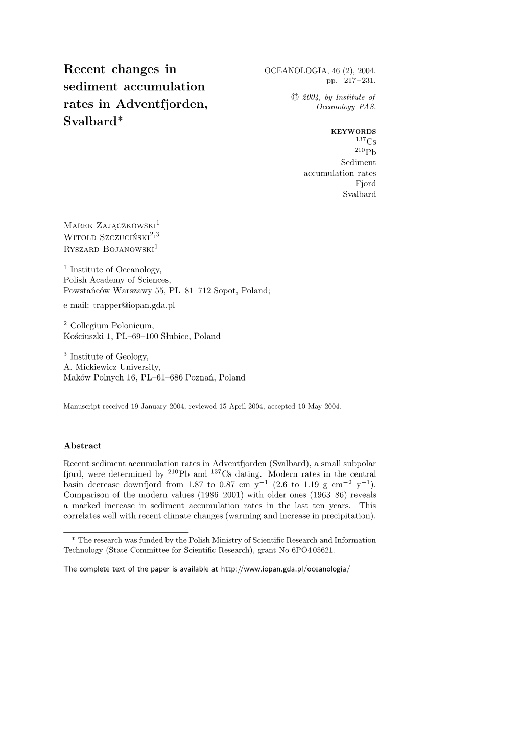 Recent Changes in Sediment Accumulation Rates in Adventfjorden, Svalbard 219