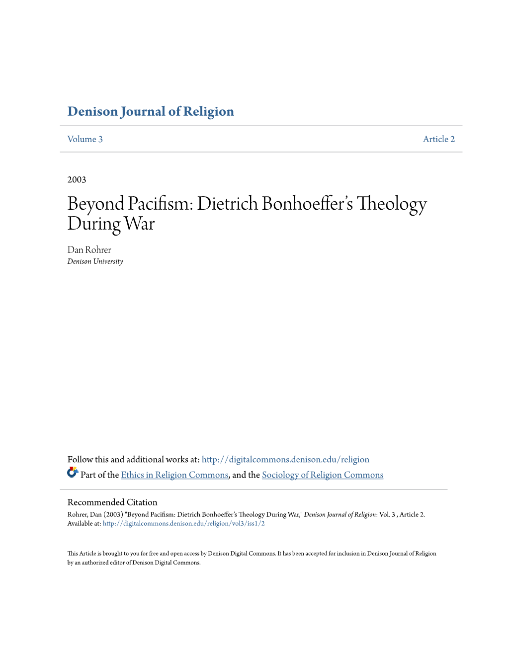 Dietrich Bonhoeffer's Theology During