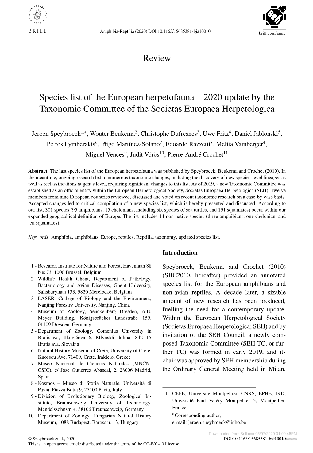 Review Species List of the European Herpetofauna – 2020 Update by The