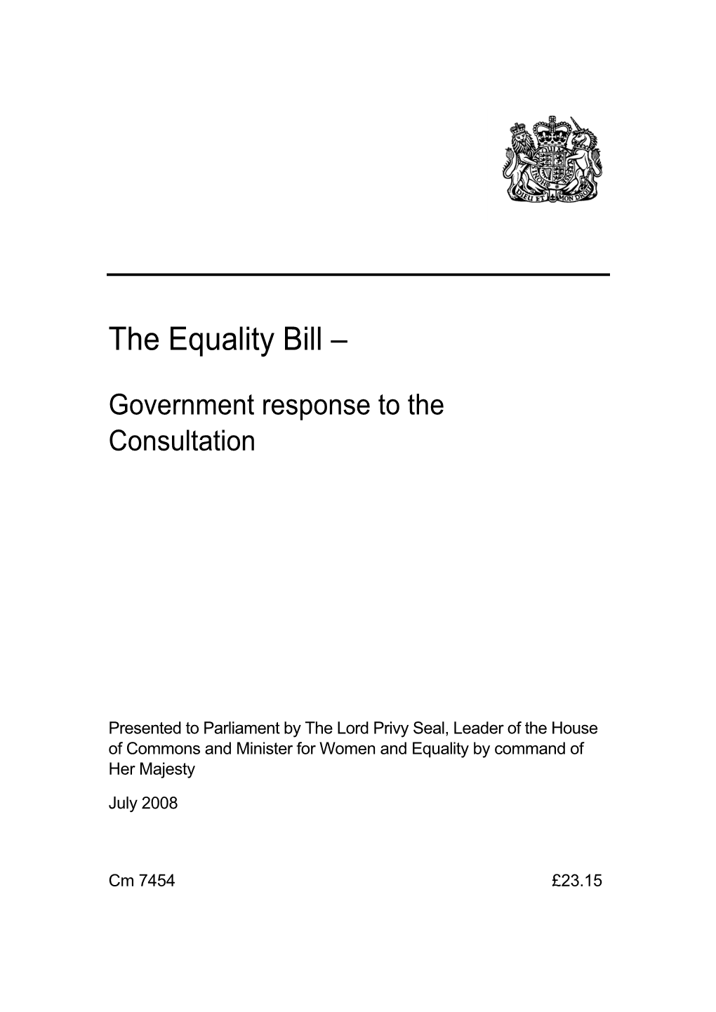 The Equality Bill – Government Response to the Consultation