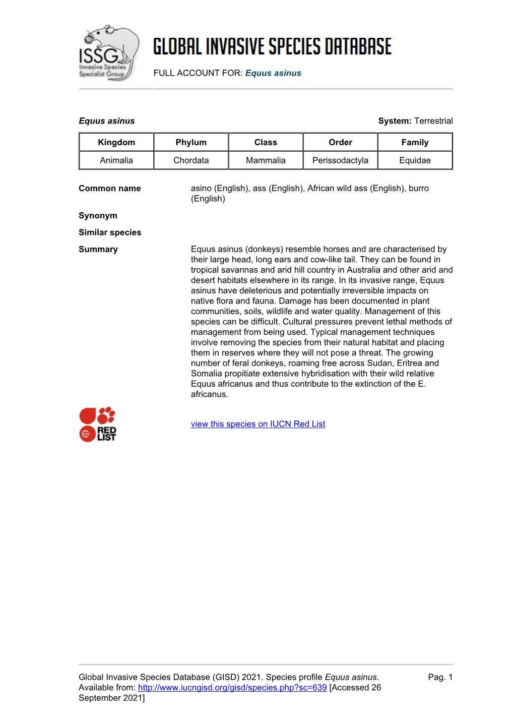 FULL ACCOUNT FOR: Equus Asinus Global Invasive Species Database