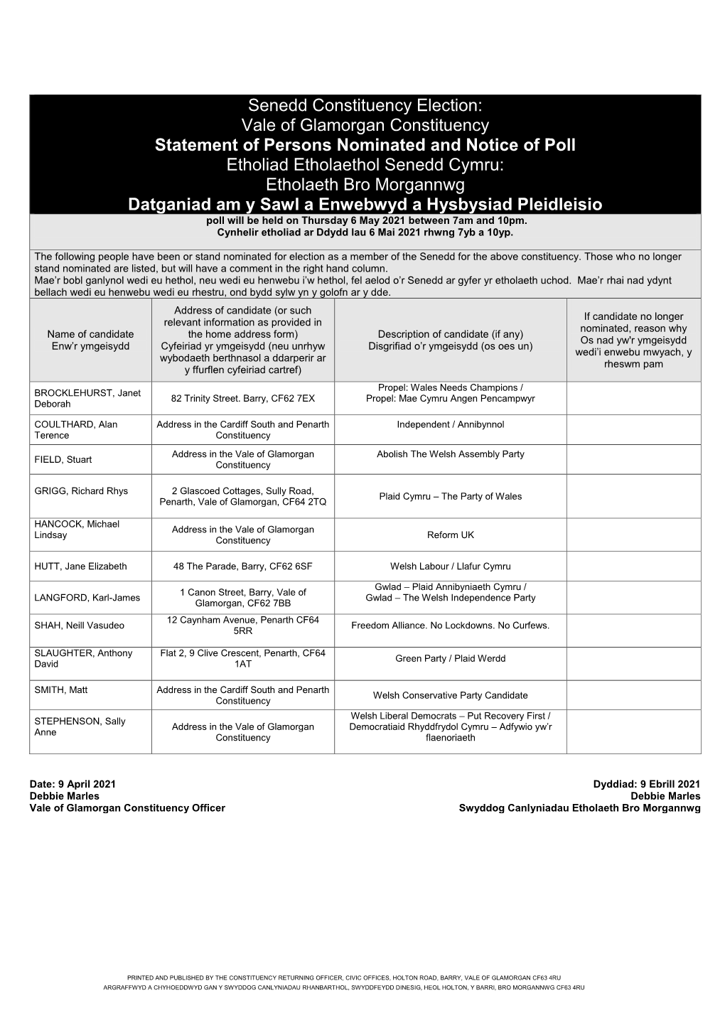 Constituency Senedd SOPN and NOP Eng