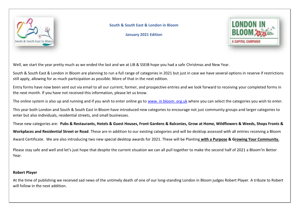 South & South East & London in Bloom January 2021 Edition