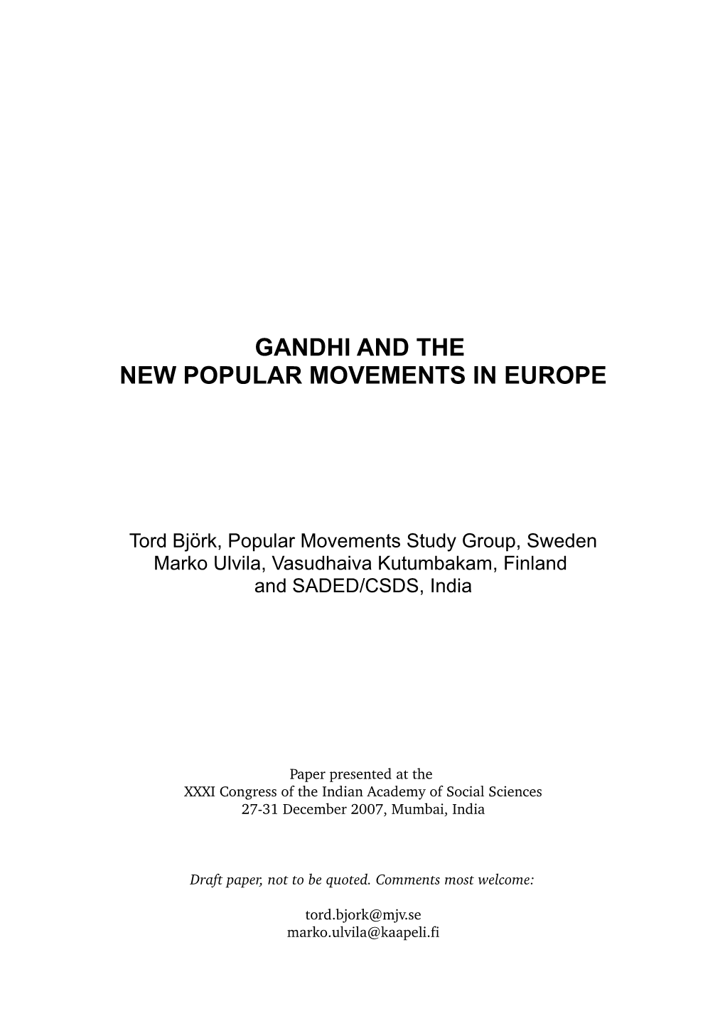 Gandhi and the New Popular Movements in Europe