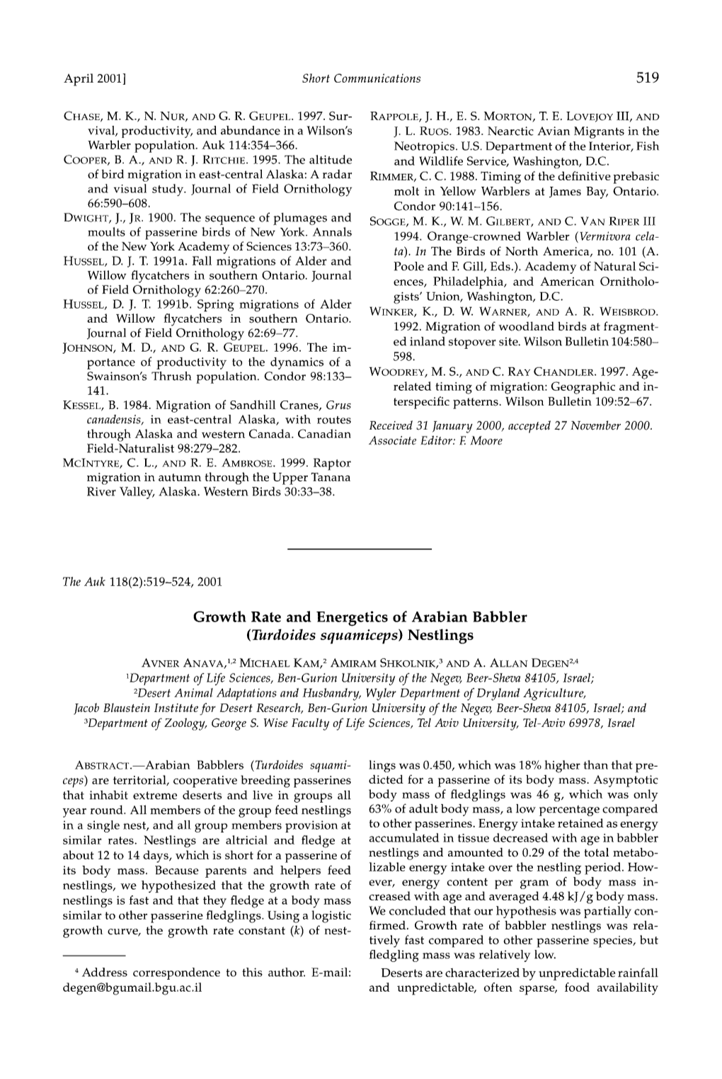 Growth Rate and Energetics of Arabian Babbler &Lpar