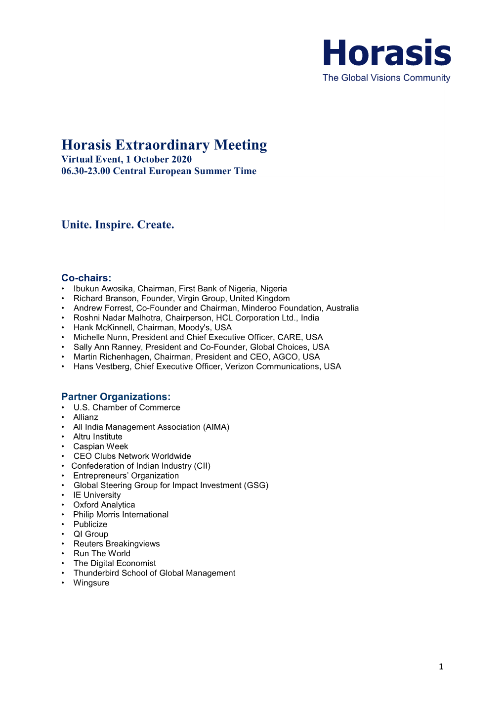 Horasis Extraordinary Meeting Virtual Event, 1 October 2020 06.30-23.00 Central European Summer Time
