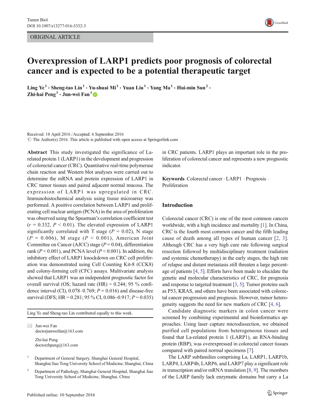 Overexpression of LARP1 Predicts Poor Prognosis of Colorectal Cancer and Is Expected to Be a Potential Therapeutic Target