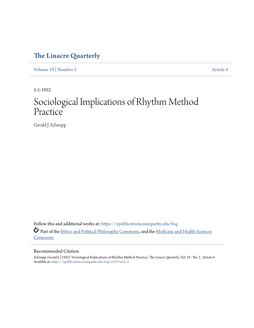 Sociological Implications of Rhythm Method Practice Gerald J