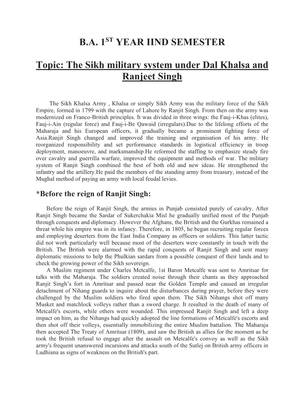 The Sikh Military System Under Dal Khalsa and Ranjeet Singh
