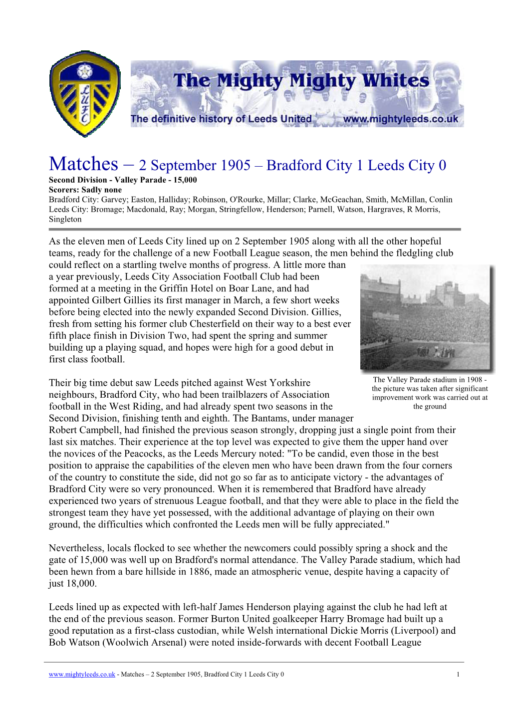 Matches – 2 September 1905 – Bradford City 1 Leeds City 0