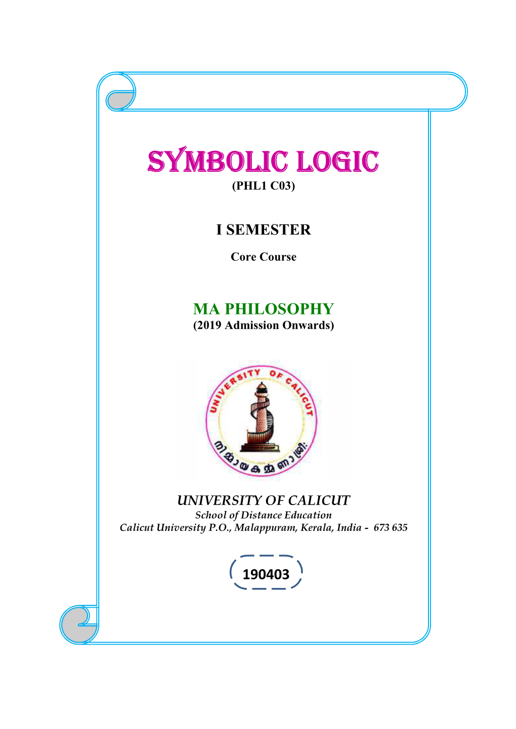 Symbolic Logic (Phl1 C03)