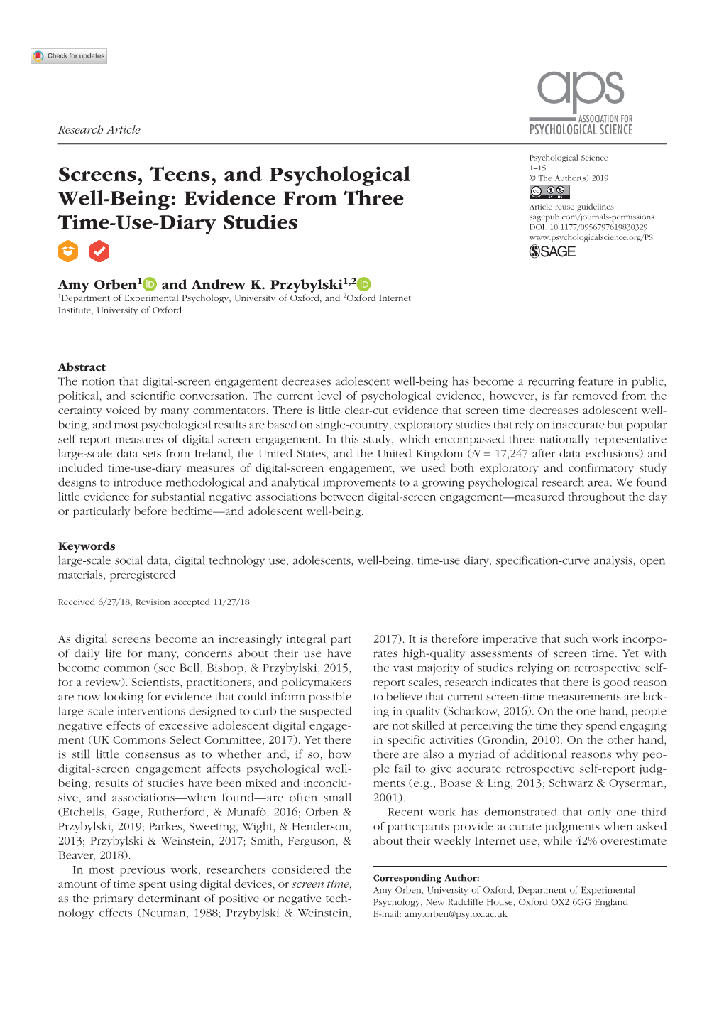 Screens, Teens, and Psychological Well-Being 830329Research-Article2019