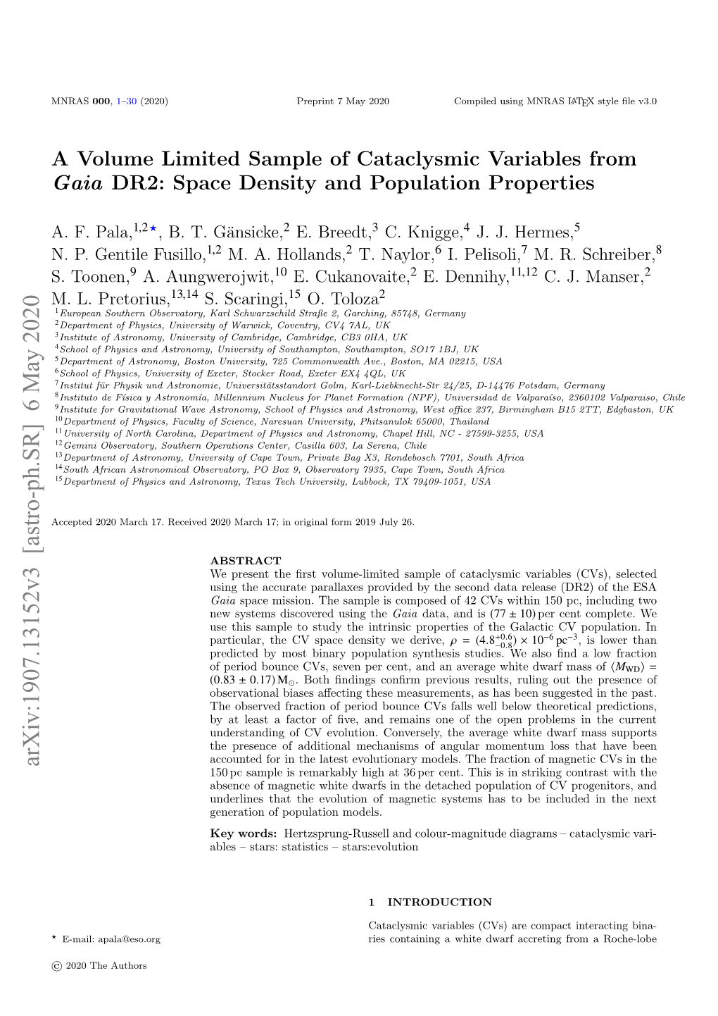 A Volume Limited Sample of Cataclysmic Variables from Gaia DR2: Space Density and Population Properties