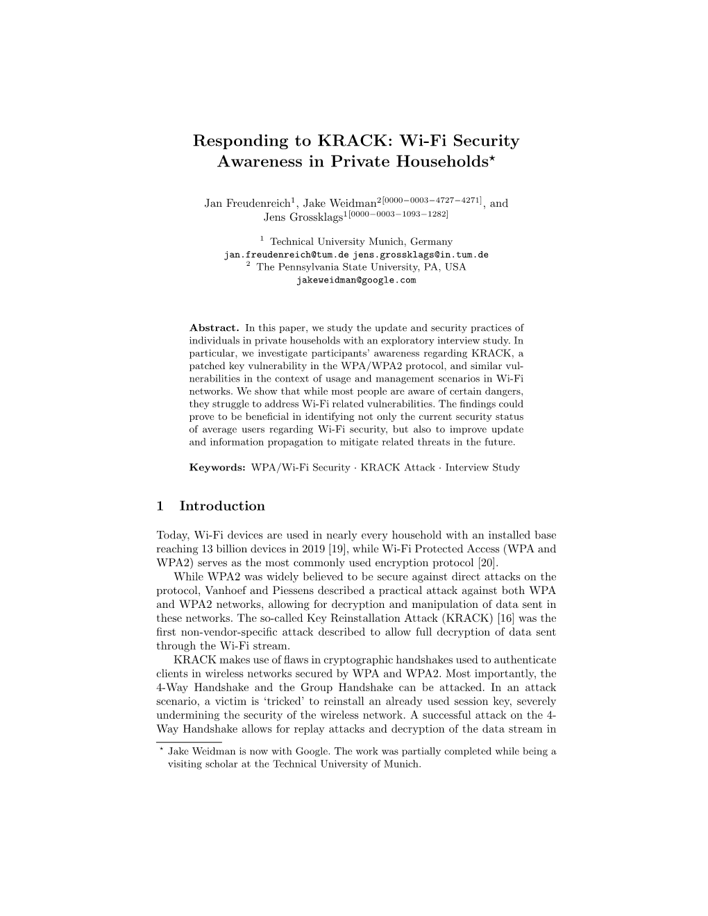 Responding to KRACK: Wi-Fi Security Awareness in Private Households?