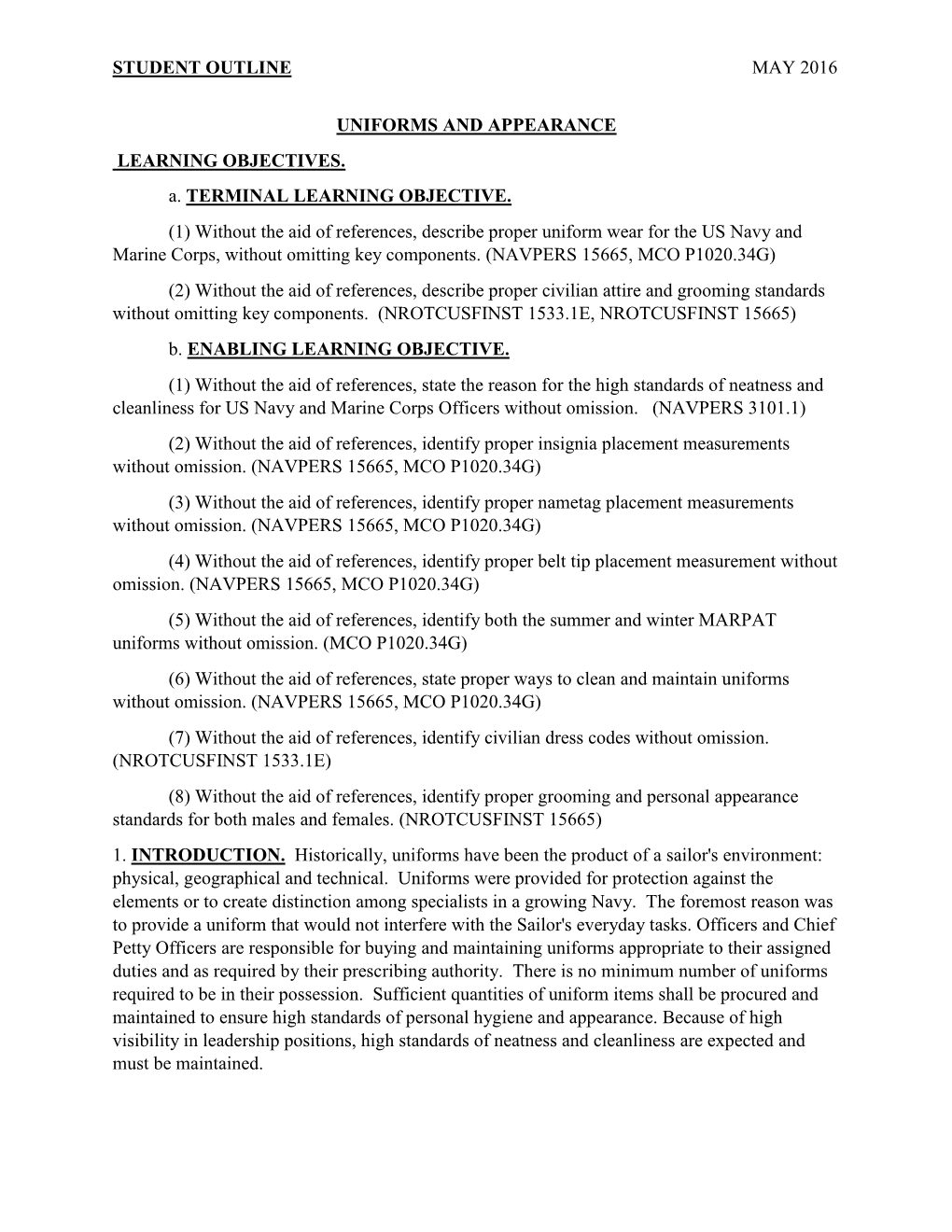 Student Outline May 2016 Uniforms and Appearance