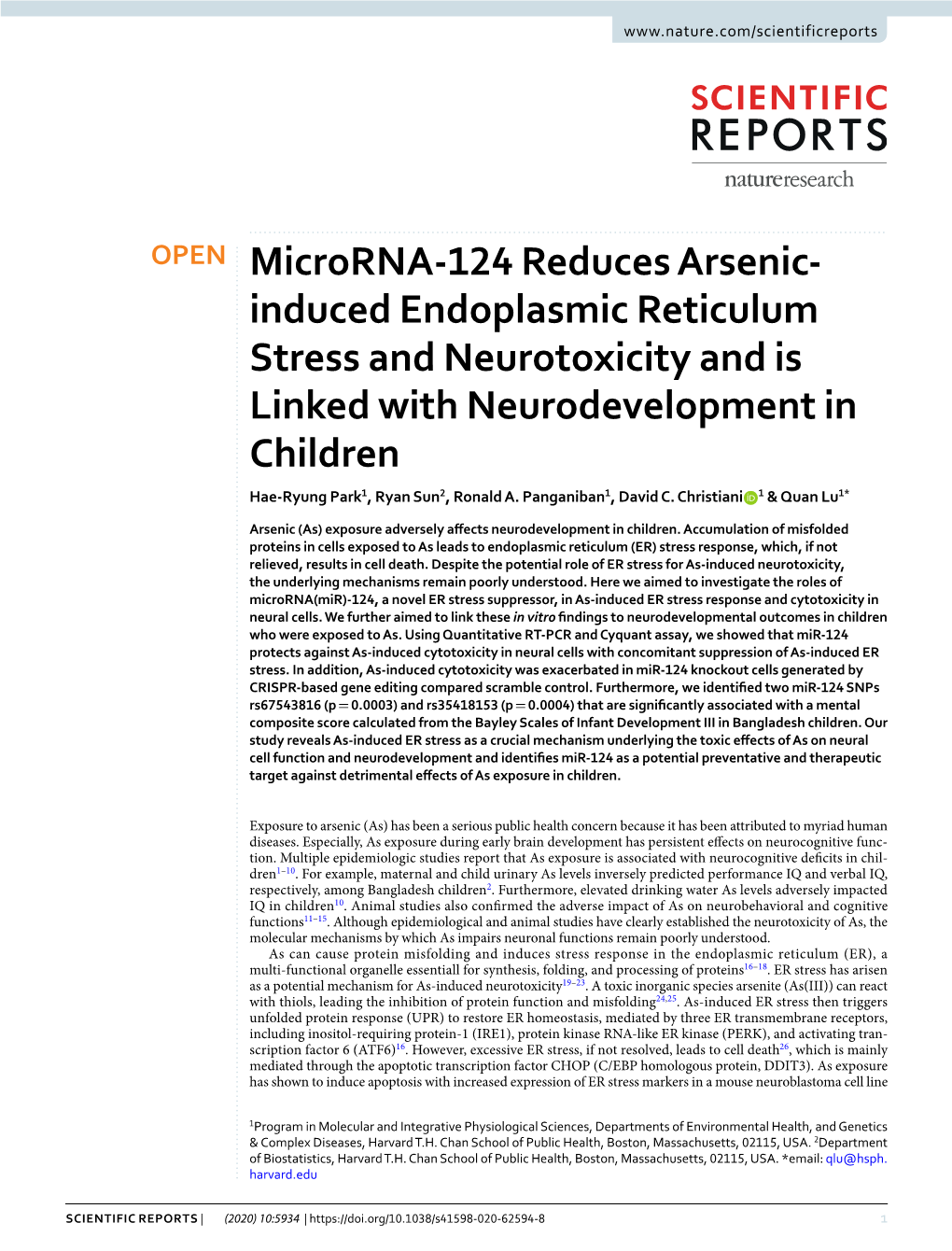 Microrna-124 Reduces Arsenic-Induced Endoplasmic Reticulum Stress and Neurotoxicity and Is Linked with Neurodevelopment in Child