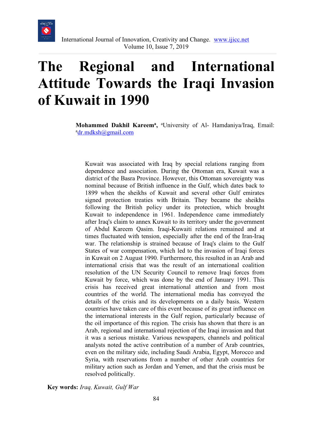 The Regional and International Attitude Towards the Iraqi Invasion of Kuwait in 1990