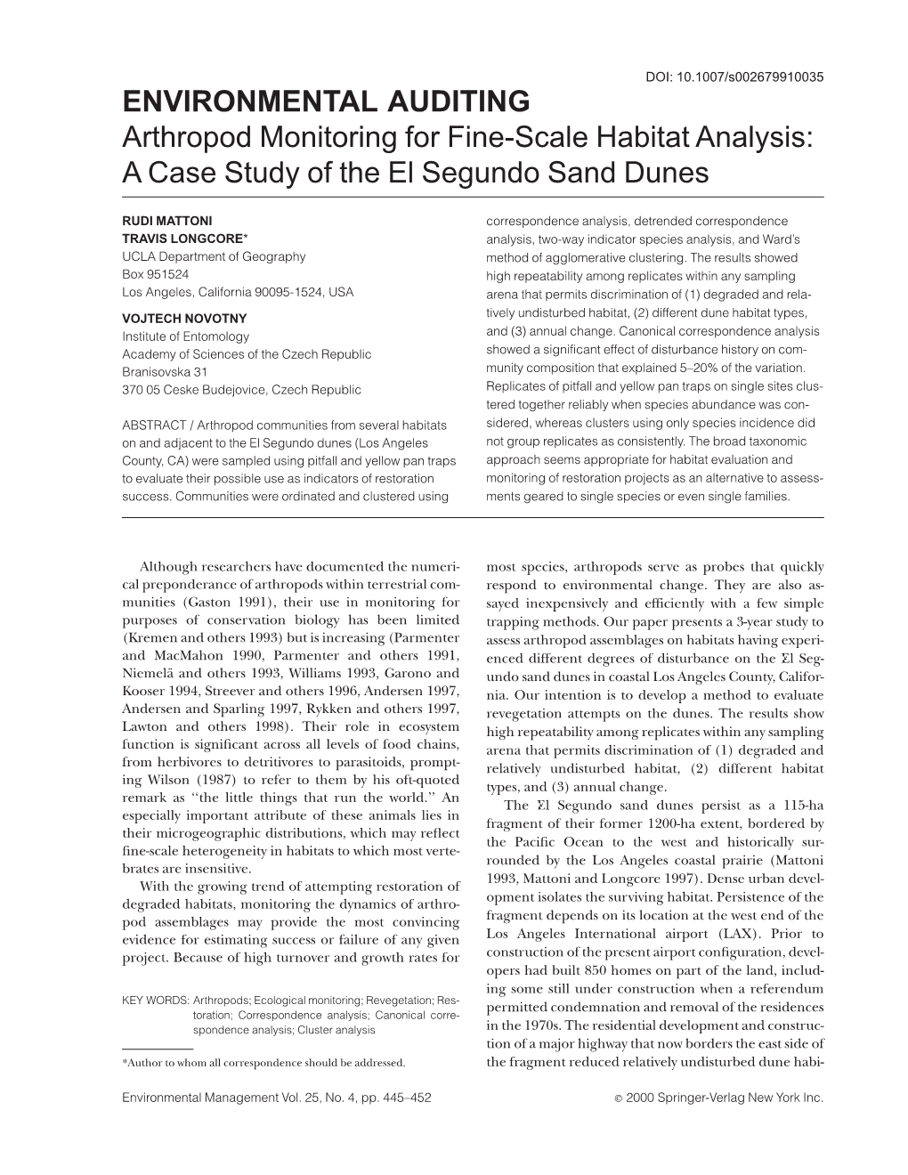 Arthropod Monitoring for Fine-Scale Habitat Analysis: a Case Study of the El Segundo Sand Dunes