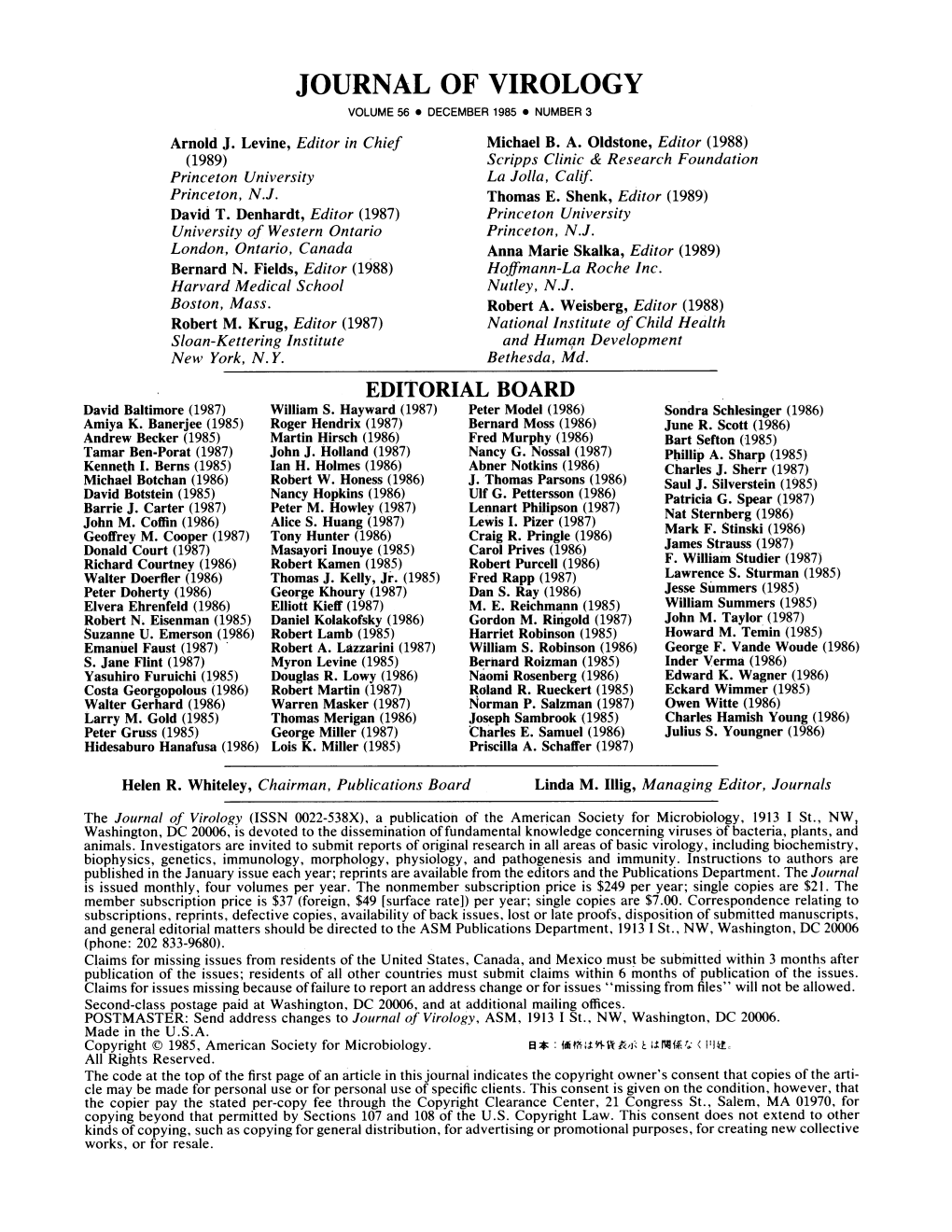 JOURNAL of VIROLOGY VOLUME 56 * DECEMBER 1985 * NUMBER 3 Arnold J