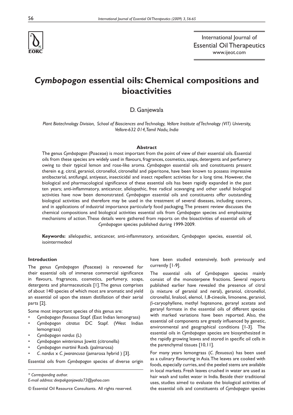 Cymbopogon Essential Oils: Chemical Compositions and Bioactivities