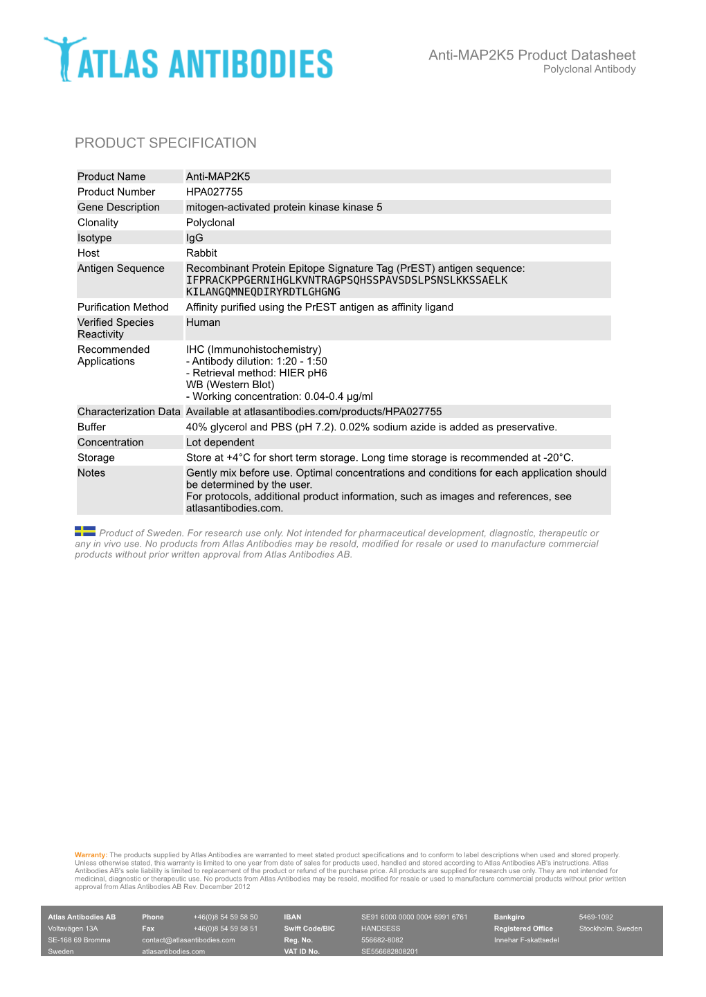 PRODUCT SPECIFICATION Anti-MAP2K5