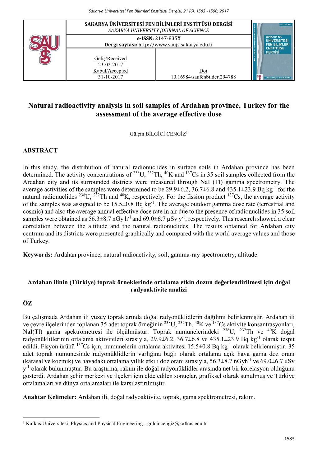 Natural Radioactivity Analysis in Soil Samples of Ardahan Province, Turkey for the Assessment of the Average Effective Dose