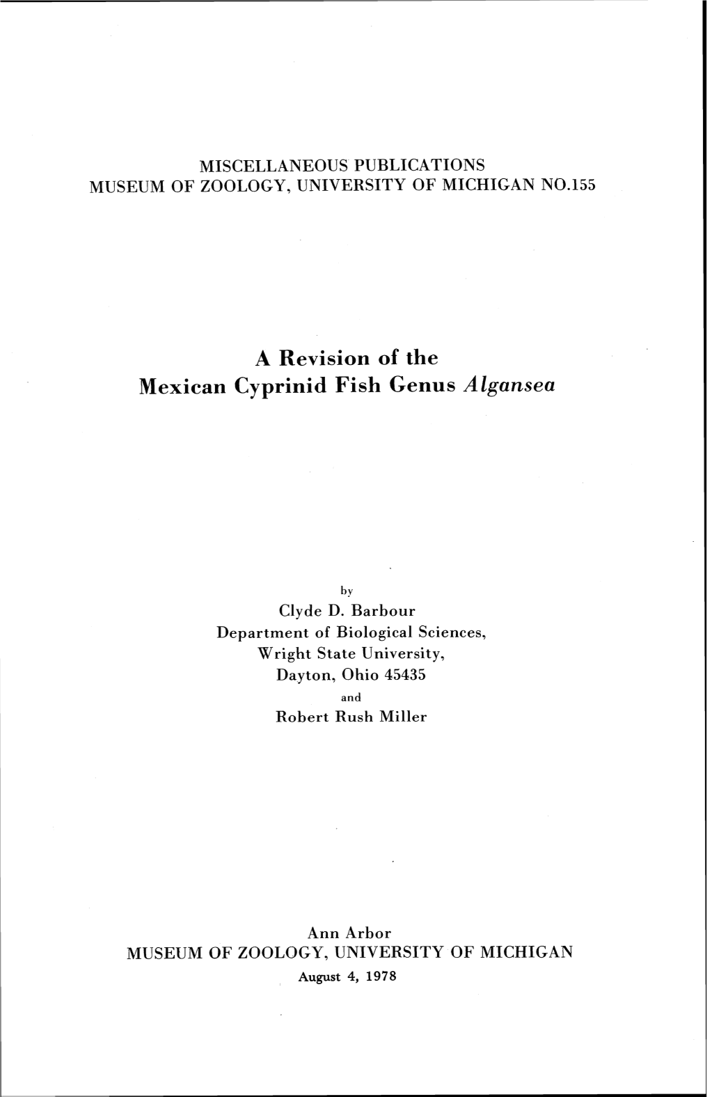 A Revision of the Mexican Cyprinid Fish Genus Algansea