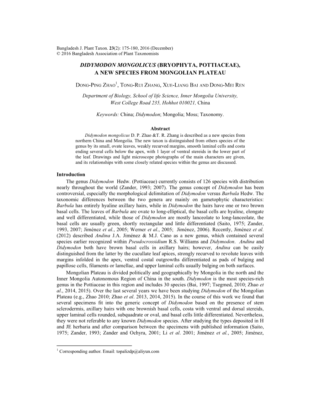 Didymodon Mongolicus (Bryophyta, Pottiaceae), a New Species from Mongolian Plateau