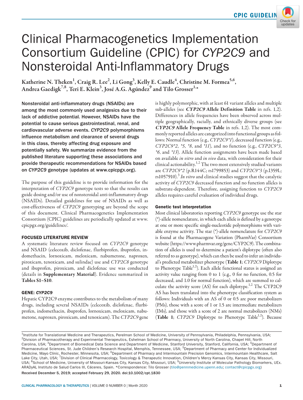 Clinical Pharmacogenetics Implementation Consortium Guideline (CPIC) for CYP2C9 and Nonsteroidal Anti-Inflammatory Drugs Katherine N