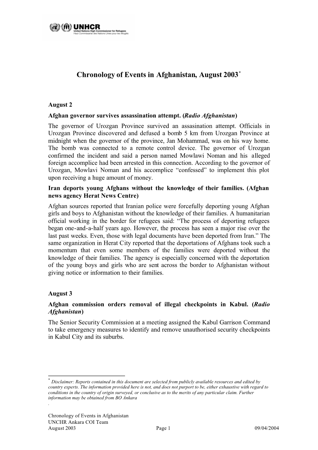 Chronology of Events in Afghanistan, August 2003*