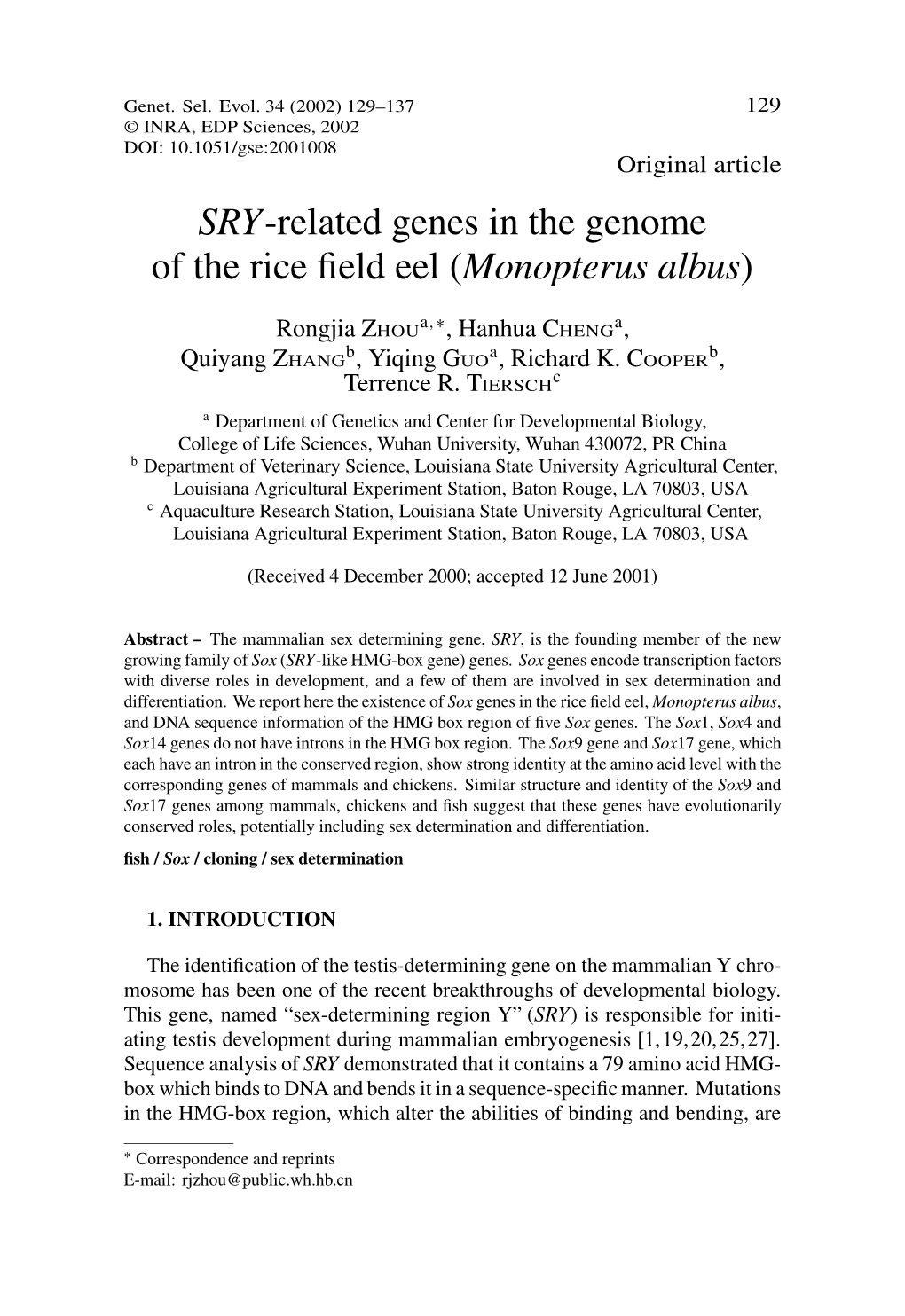 SRY-Related Genes in the Genome of the Rice Field Eel (Monopterus Albus)