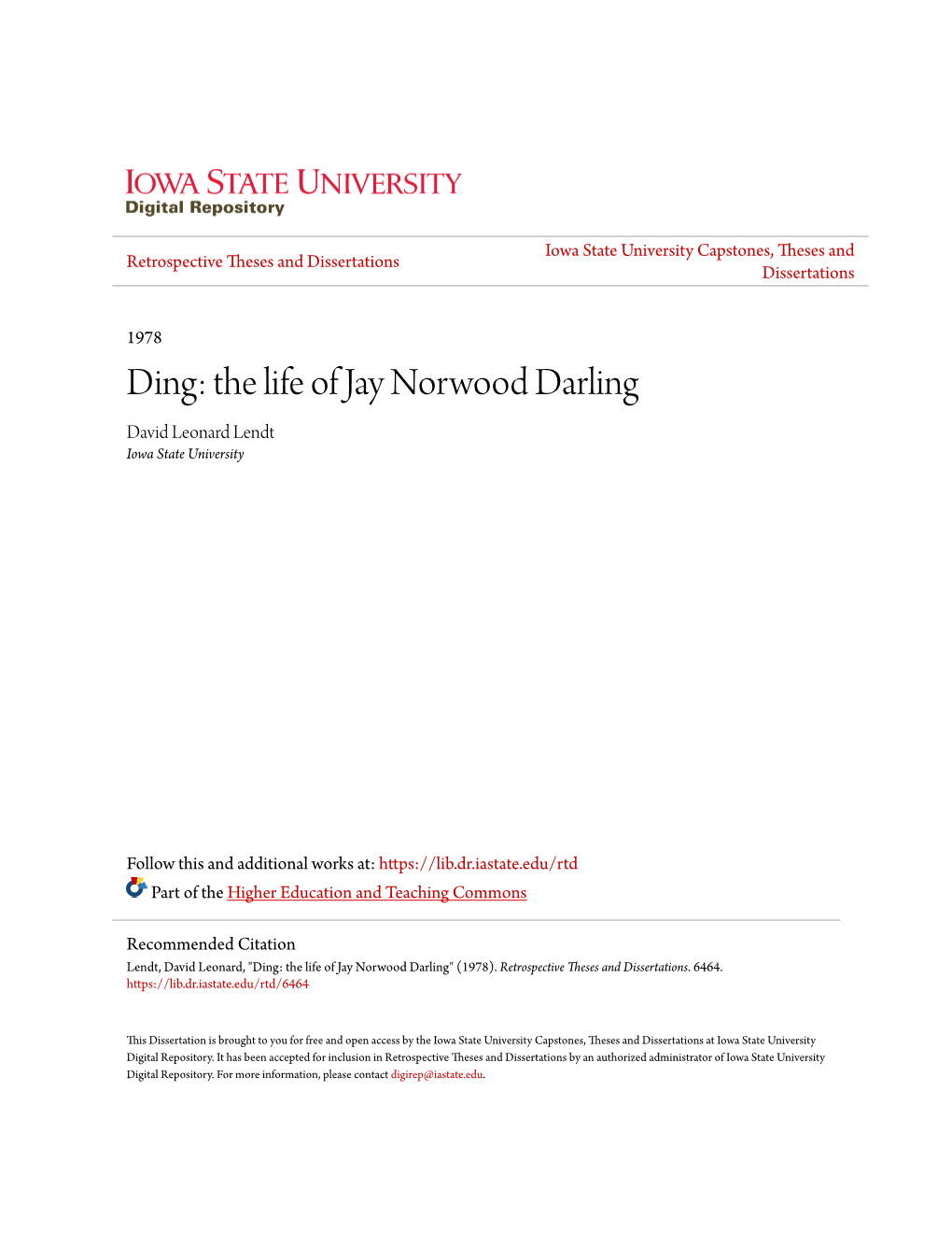 Ding: the Life of Jay Norwood Darling David Leonard Lendt Iowa State University