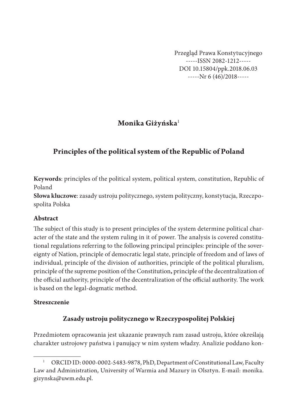 Monika Giżyńska1 Principles of the Political System of the Republic Of