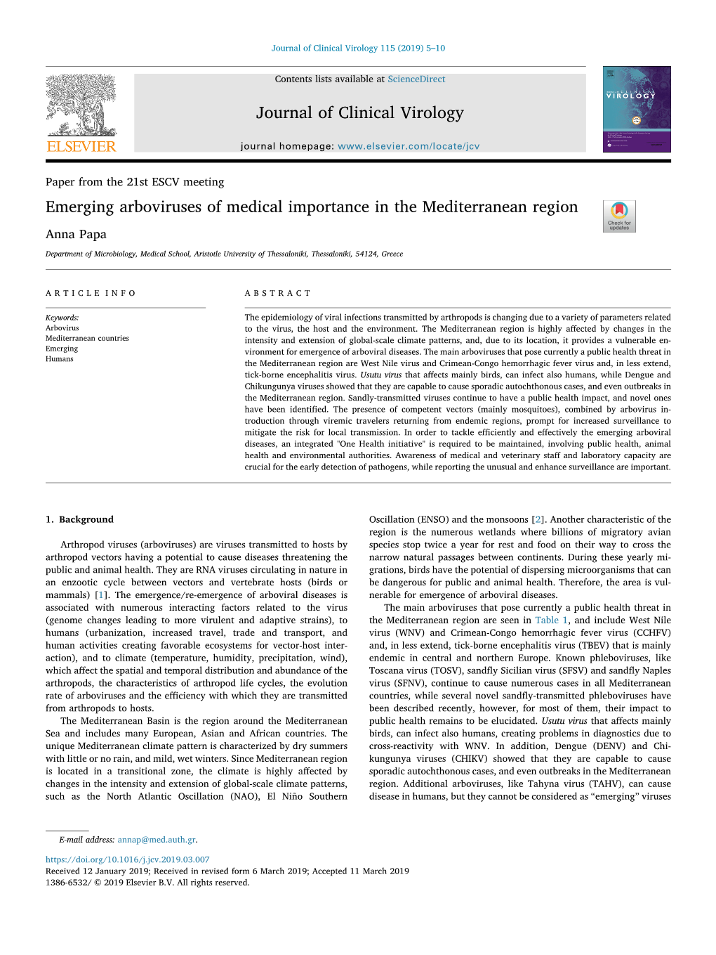 Emerging Arboviruses of Medical Importance in the Mediterranean Region T Anna Papa