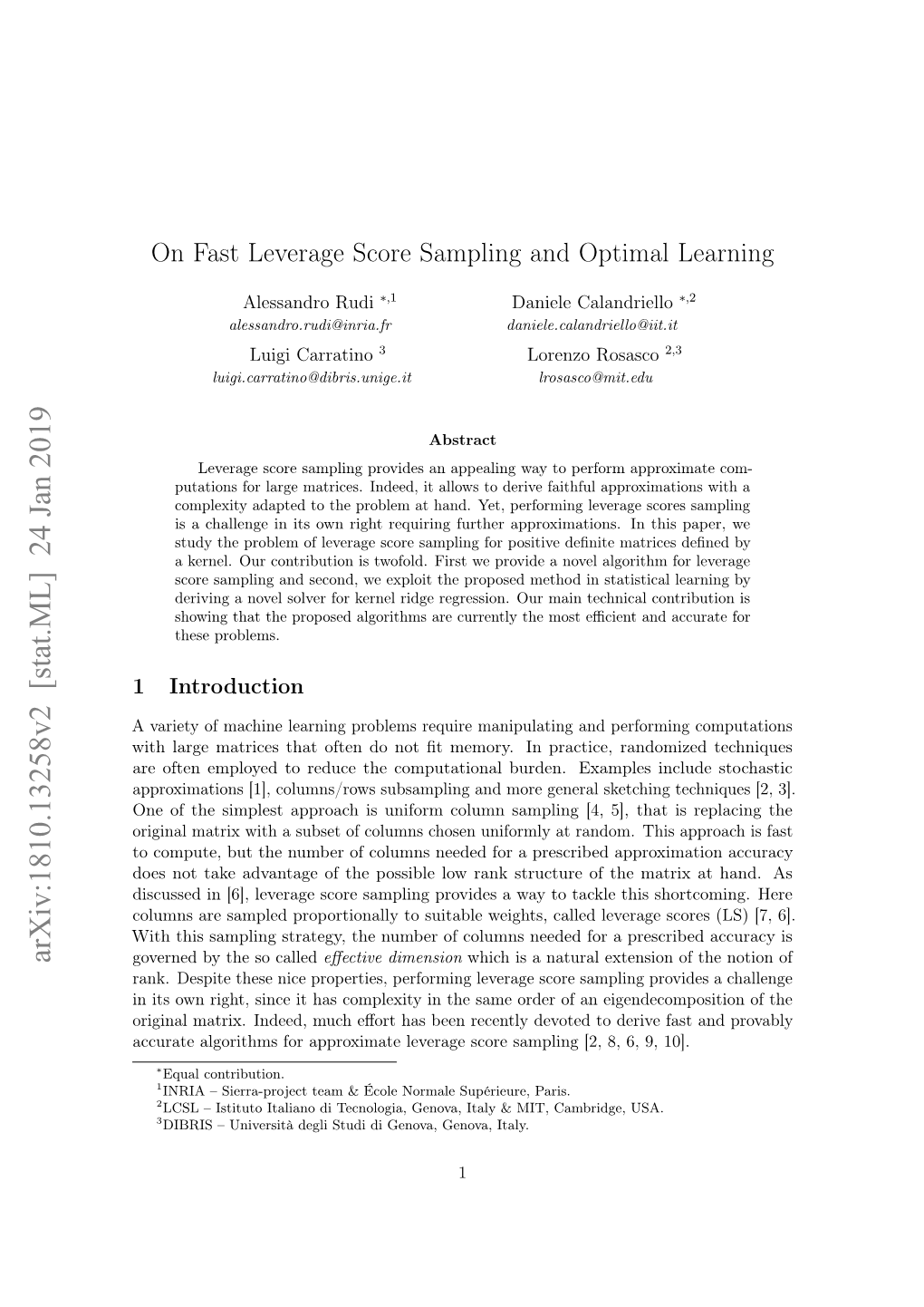On Fast Leverage Score Sampling and Optimal Learning