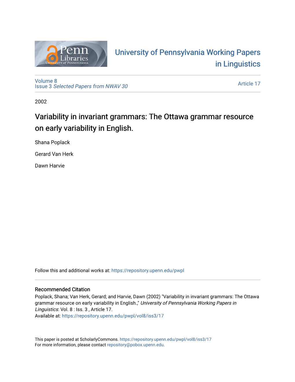 The Ottawa Grammar Resource on Early Variability in English