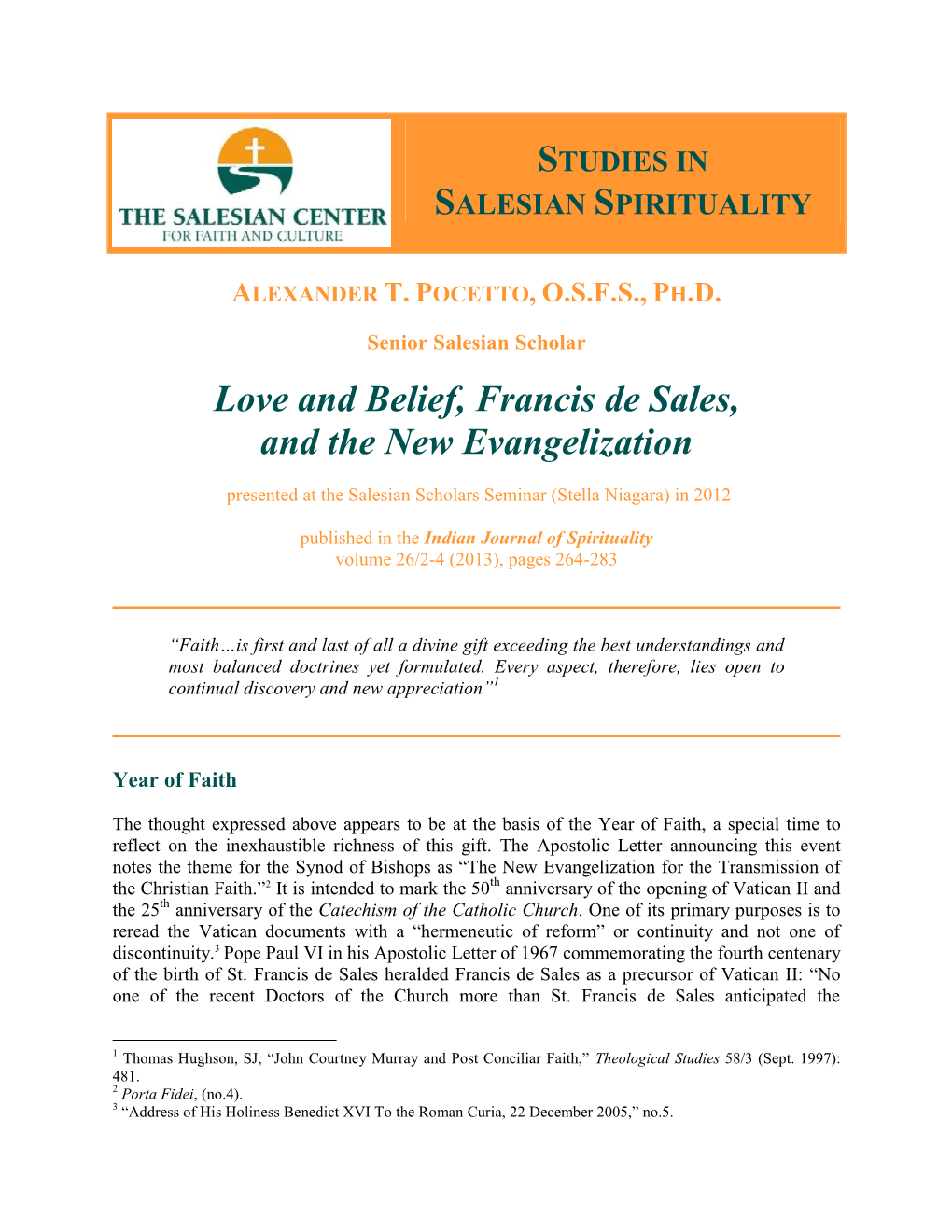 Love and Belief, Francis De Sales, and the New Evangelization