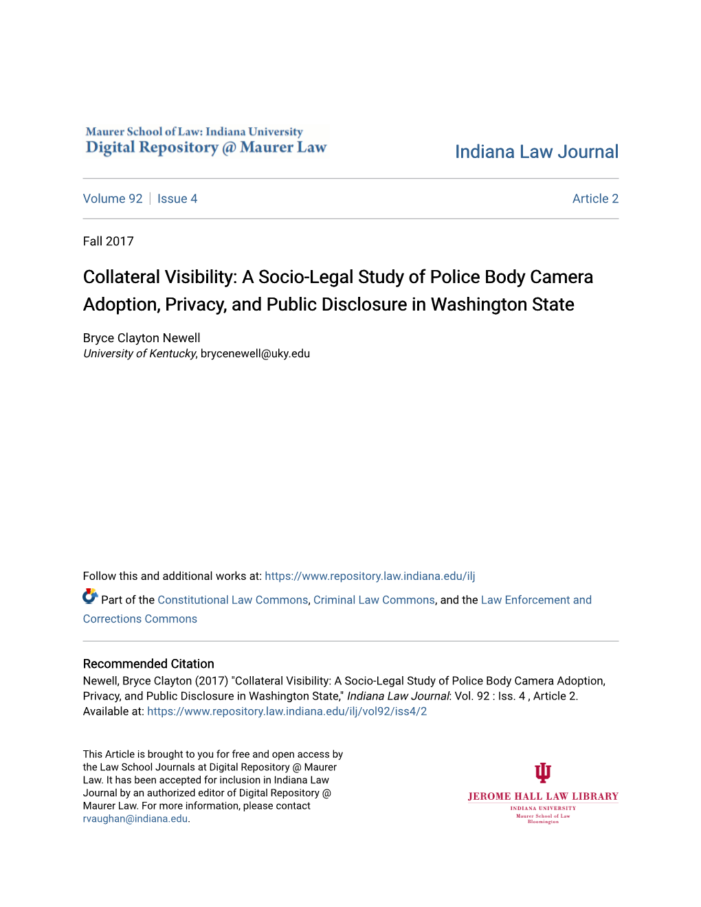 A Socio-Legal Study of Police Body Camera Adoption, Privacy, and Public Disclosure in Washington State